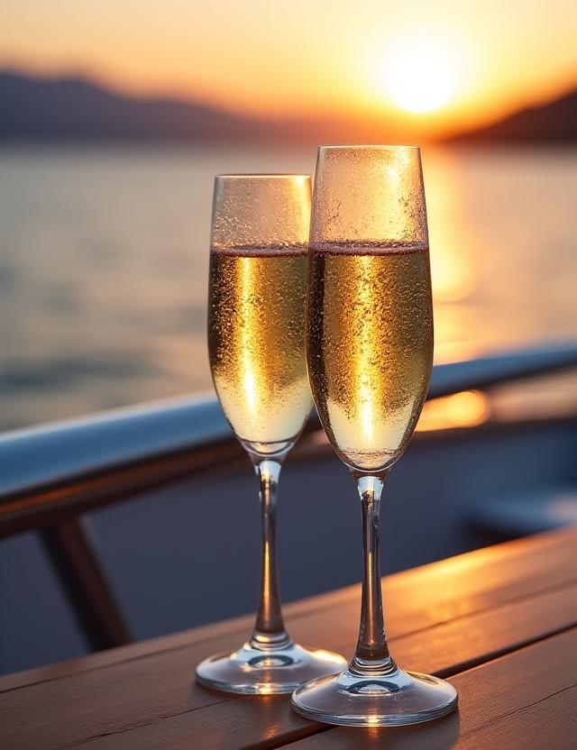 Champagnergläser auf dem Yachtdeck mit Genfersee im Hintergrund